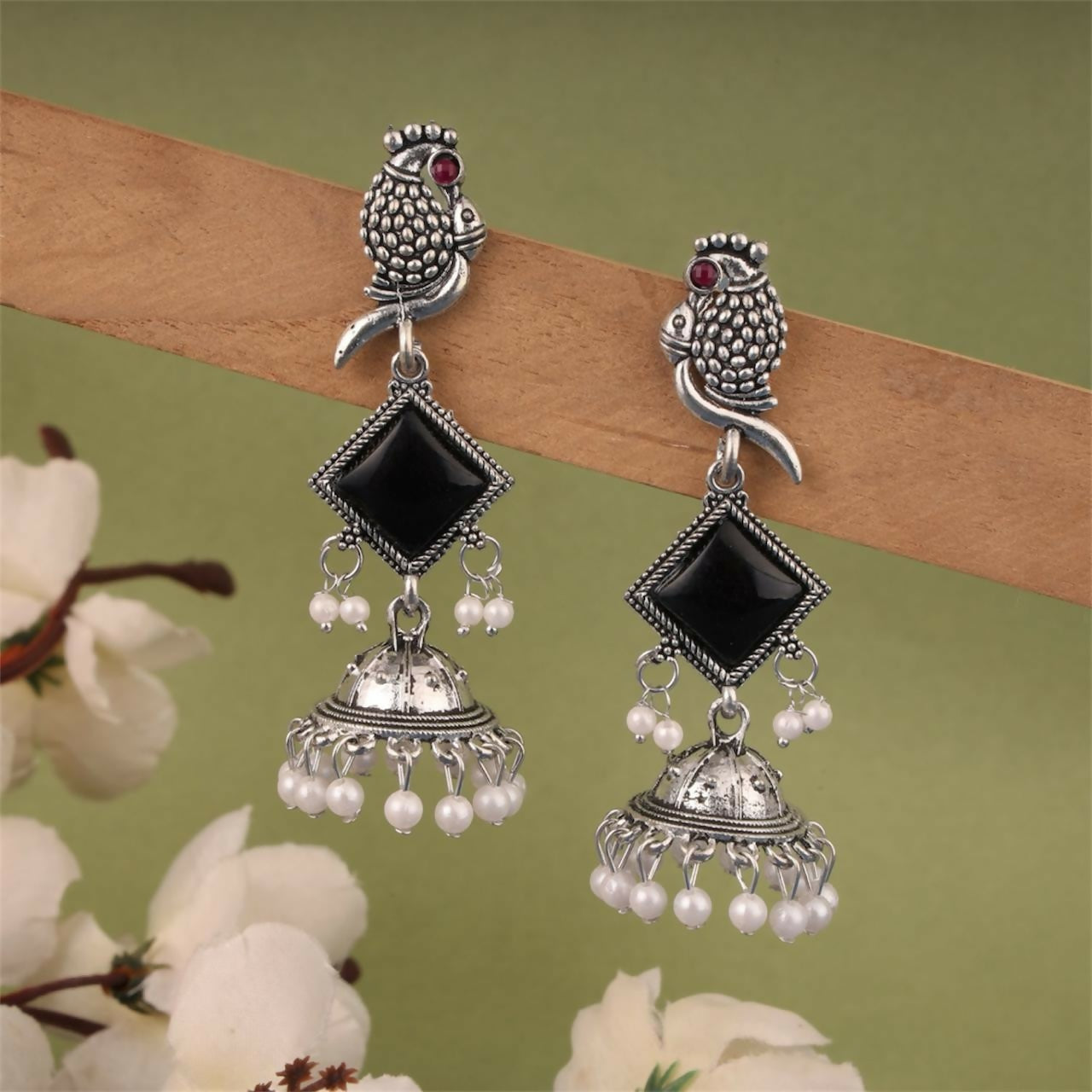Oxidised Silver Parrot Design Jhumka Earrings with Black Stones