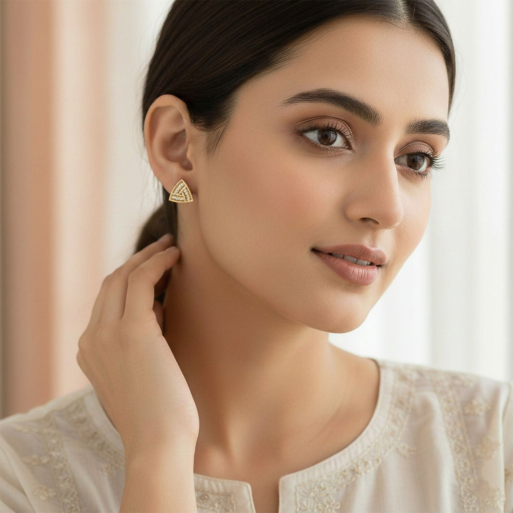 Triangle CZ Stud Earrings Gold Finish – Elegant Daily Wear