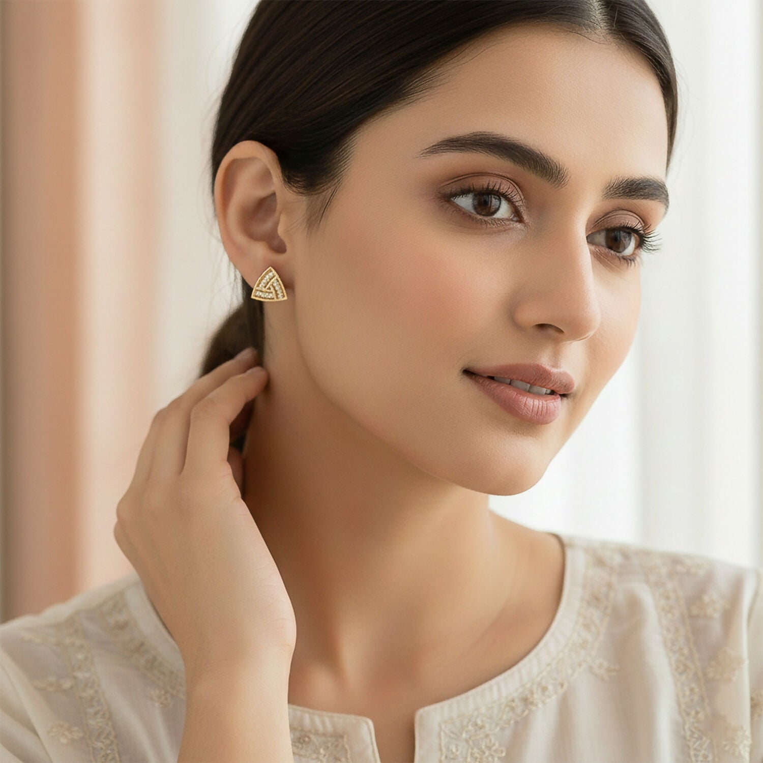 Triangle CZ Stud Earrings Gold Finish – Elegant Daily Wear