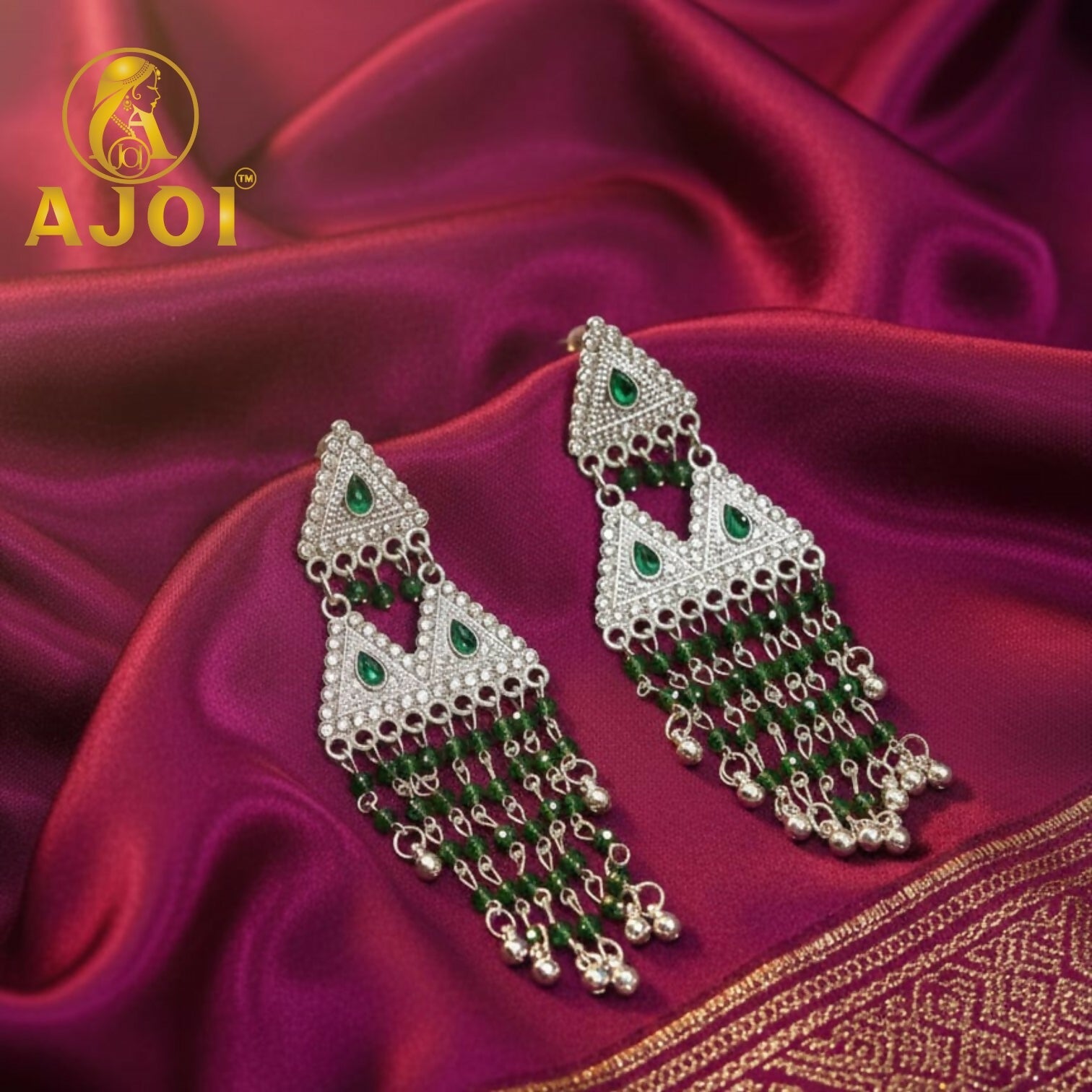 Silver-Tone Triangle Statement Earrings with Emerald Bead Tassels