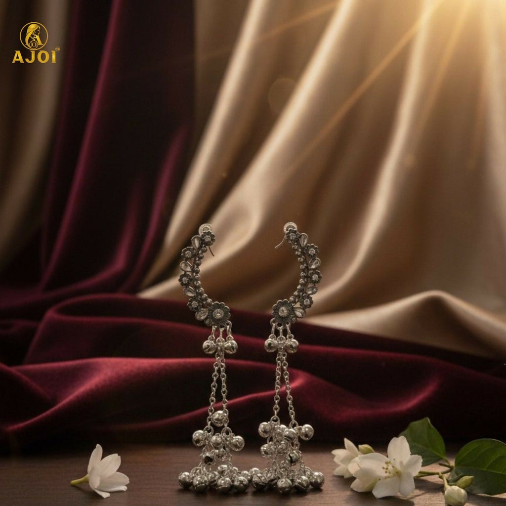 Silver Oxidised Chandbali Jhumka Earrings with Ghungroo Dangles – Elegant Festive Jewellery