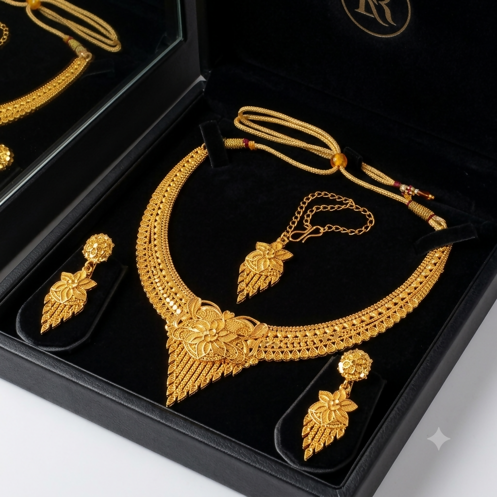 Traditional Gold-Plated Bridal Necklace Set with Earrings and Maang Tikka for Women