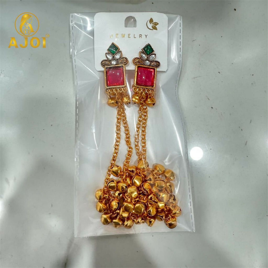 Kashmiri Long Chain Ghungroo Earrings – Elegant Pink & Gold Design