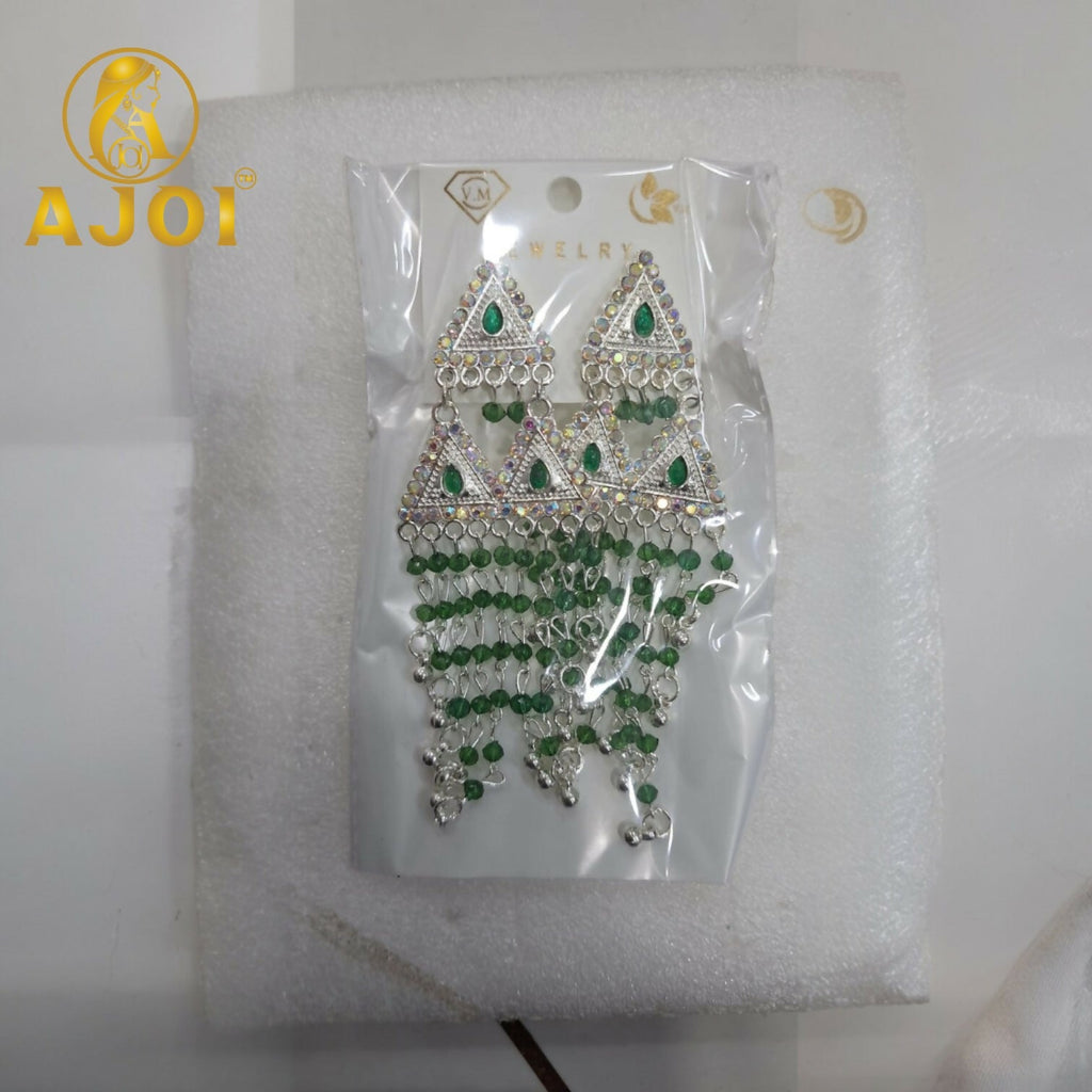 Silver-Tone Triangle Statement Earrings with Emerald Bead Tassels