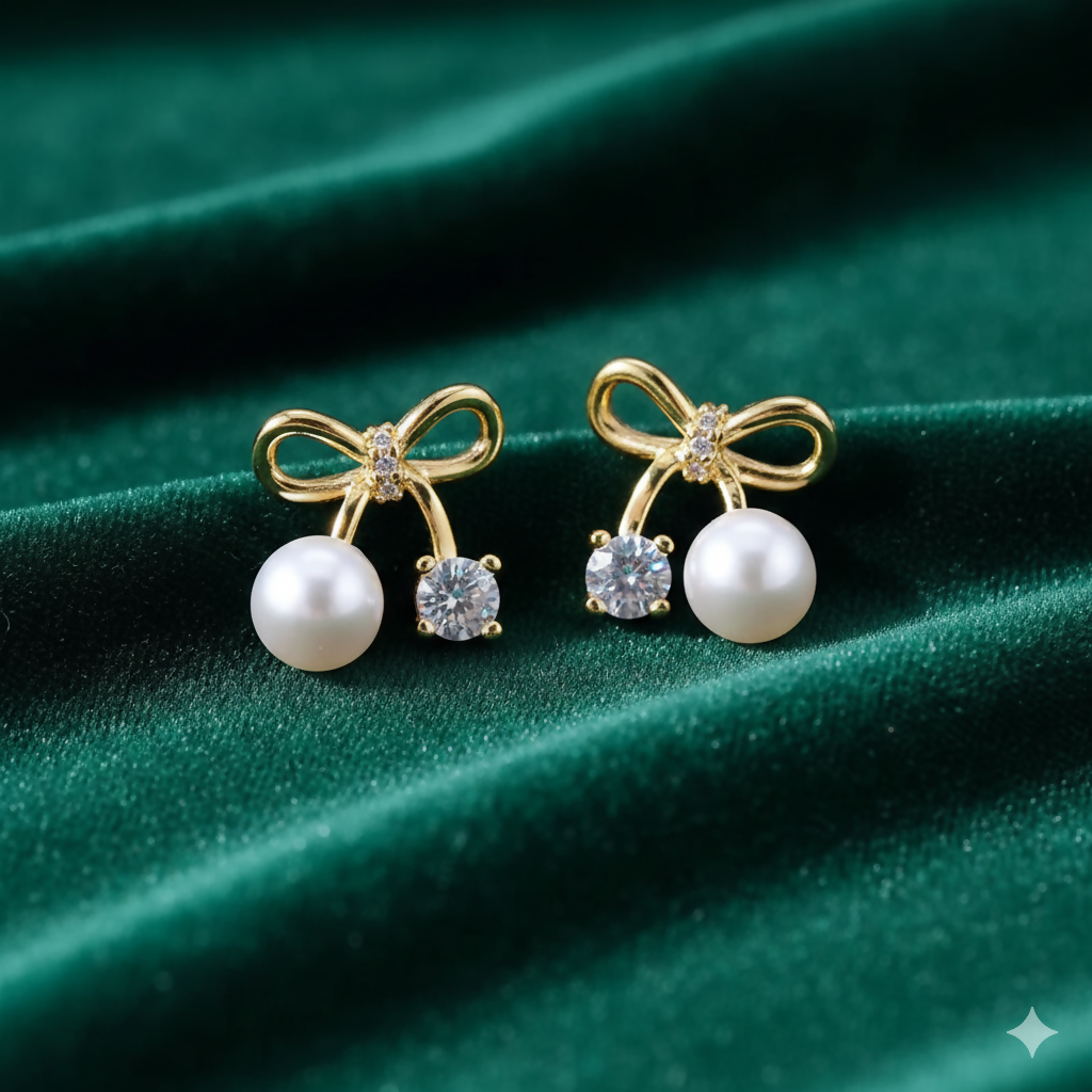Bow-Knot Crystal Pearl Stud Earrings – Korean Minimalist Style