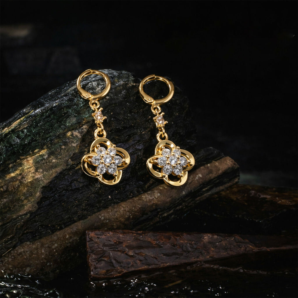 Gold-Tone Crystal Floral Hoop Earrings – Elegant Drop Design