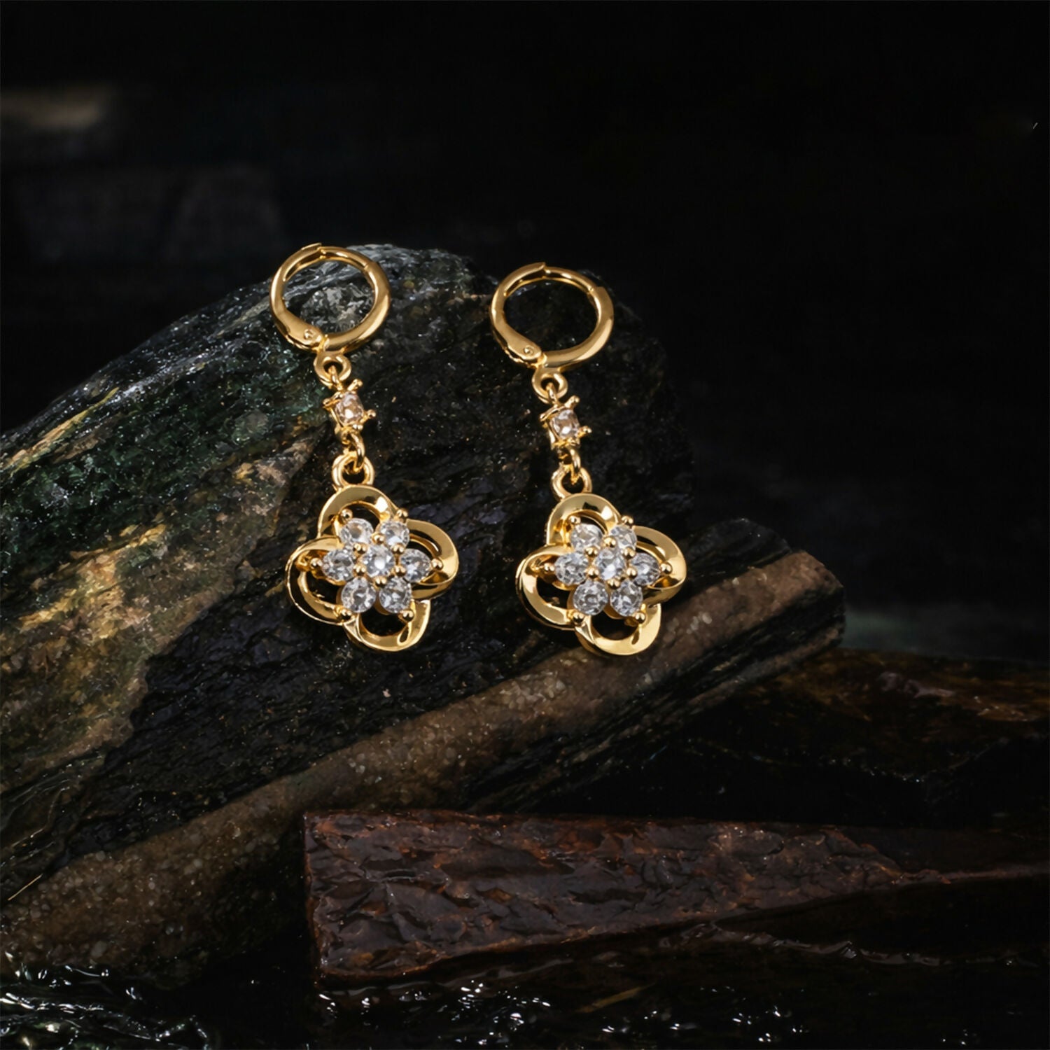 Gold-Tone Crystal Floral Hoop Earrings – Elegant Drop Design