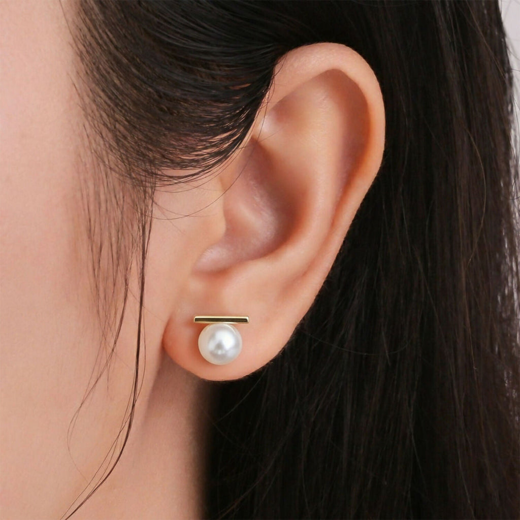 Pearl Bar Stud Earrings – Minimal Gold Plated Elegance