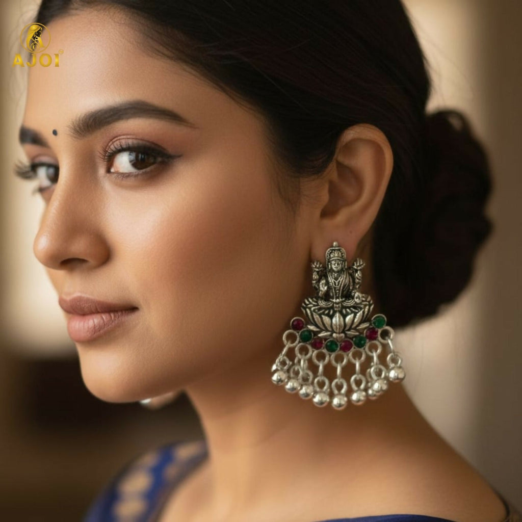 Lakshmi Idol Stud Earrings in Oxidized Silver with Multicolor Stones