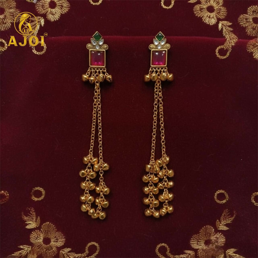 Kashmiri Long Chain Ghungroo Earrings – Elegant Pink & Gold Design