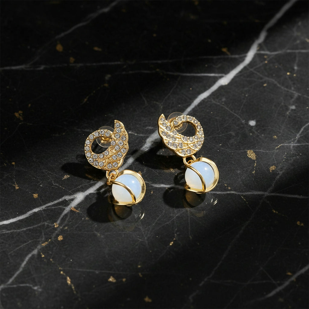 Swan Earrings – Crystal Encrusted with Pearly Cat-Eye Drop