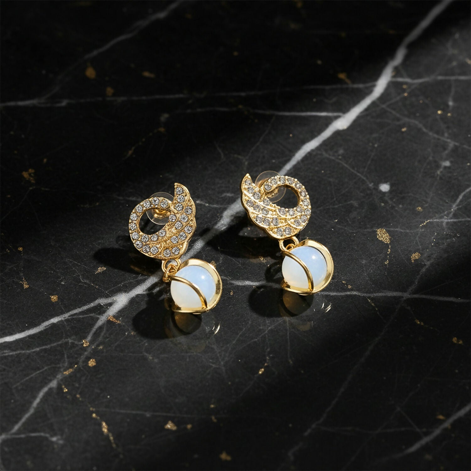 Swan Earrings – Crystal Encrusted with Pearly Cat-Eye Drop