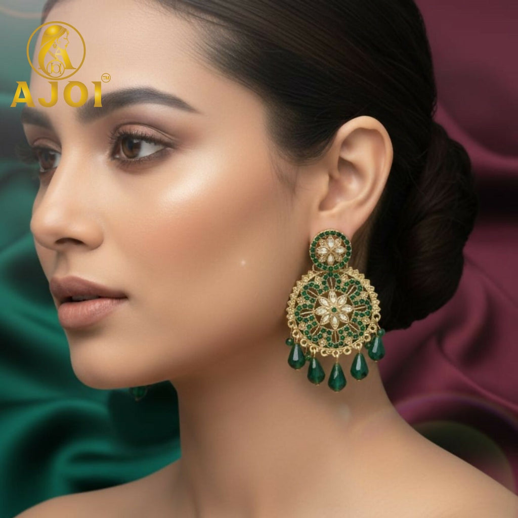Green Floral Earrings – Elegant floral design with crystal embellishments