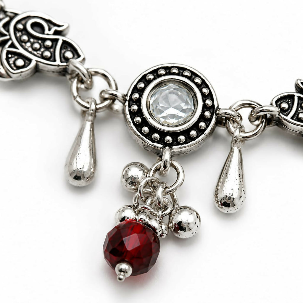 Oxidized Silver Peacock Bracelet with Kundan Stone & Red Bead Charms Adjustable Chain