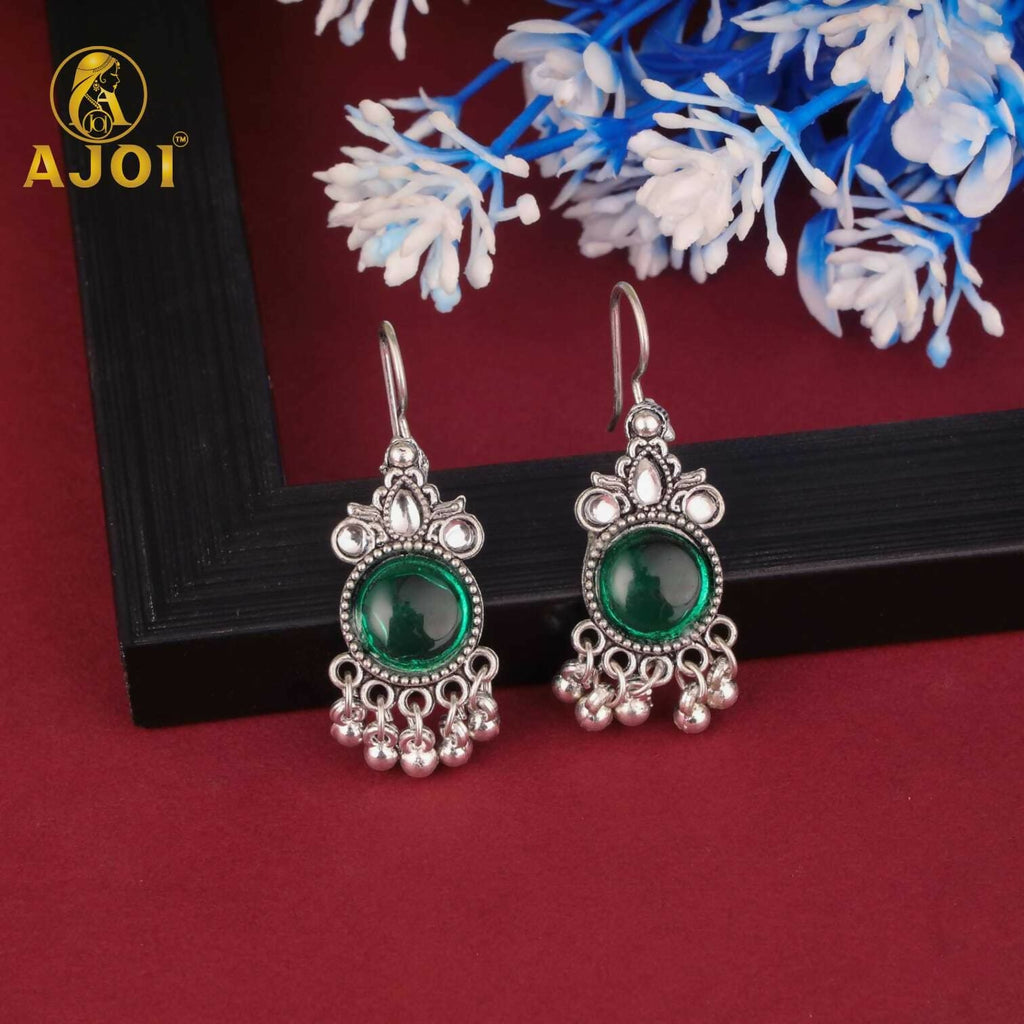 Oxidised Silver Afghani Earrings Set – 4 Pairs with Colored Stones