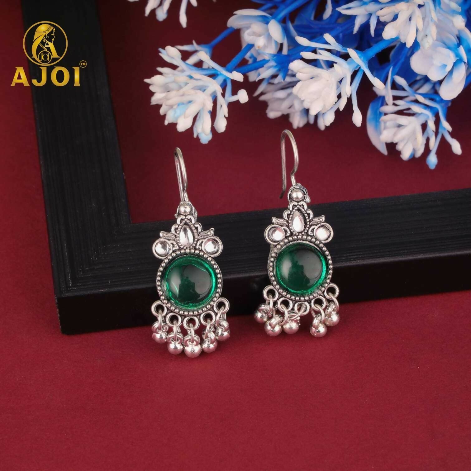 Oxidised Silver Afghani Earrings Set – 4 Pairs with Colored Stones