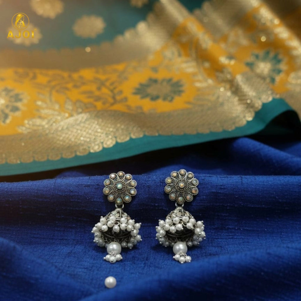 Oxidised Silver Jhumka Earrings with Pearl Drops – Traditional Indian Design
