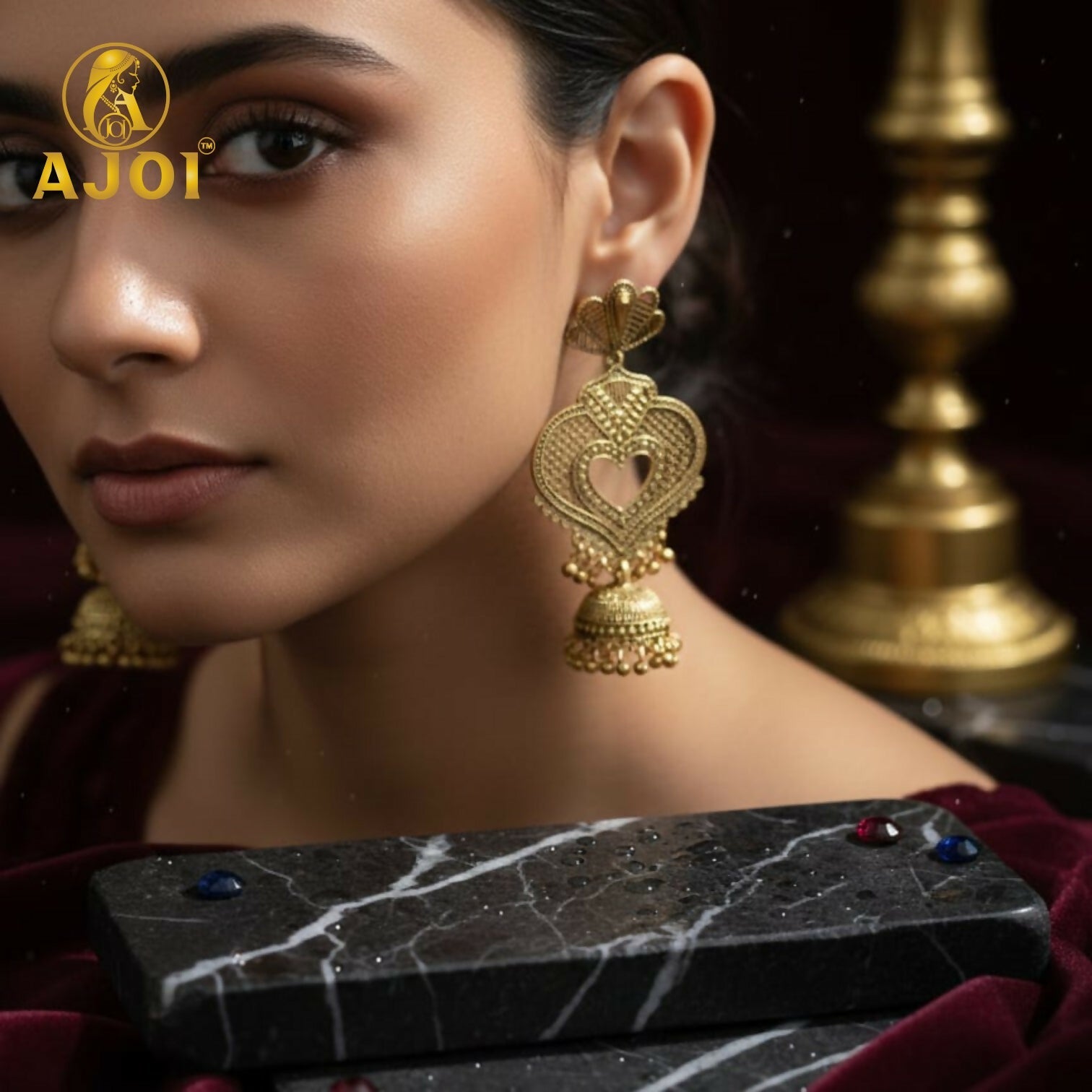 Antique Heart Jhumka Earrings – Premium Gold-Tone Elegant Design