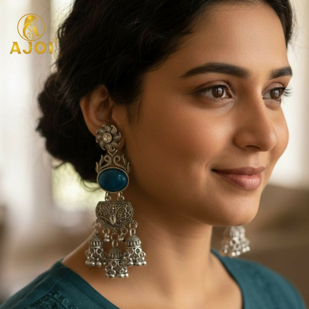 Oxidized Silver Turquoise Jhumka Earrings – Intricate Filigree Design