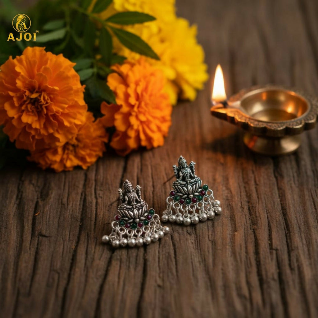 Lakshmi Idol Stud Earrings in Oxidized Silver with Multicolor Stones