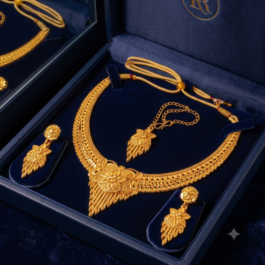 Traditional Gold-Plated Bridal Necklace Set with Earrings and Maang Tikka for Women