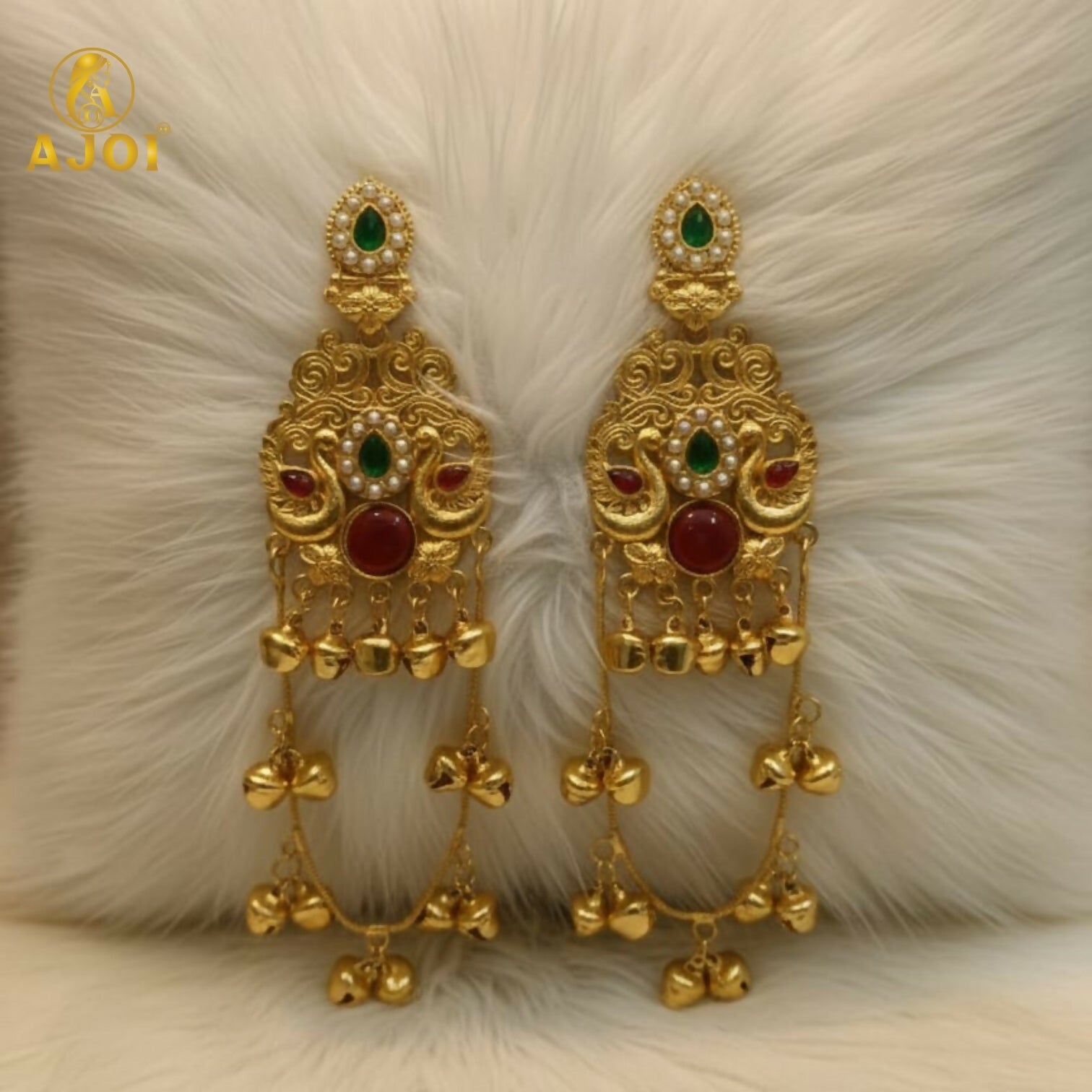 Kashmiri Traditional Gold-Plated Ghungroo Earrings with Green Ruby Stones