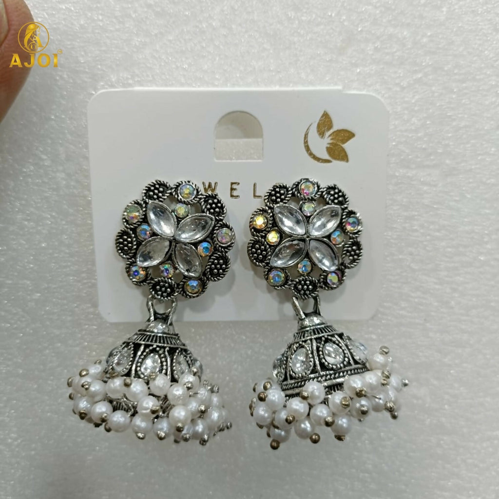 Silver Oxidized Floral Jhumka Earrings – Elegant Pearl Drops Design