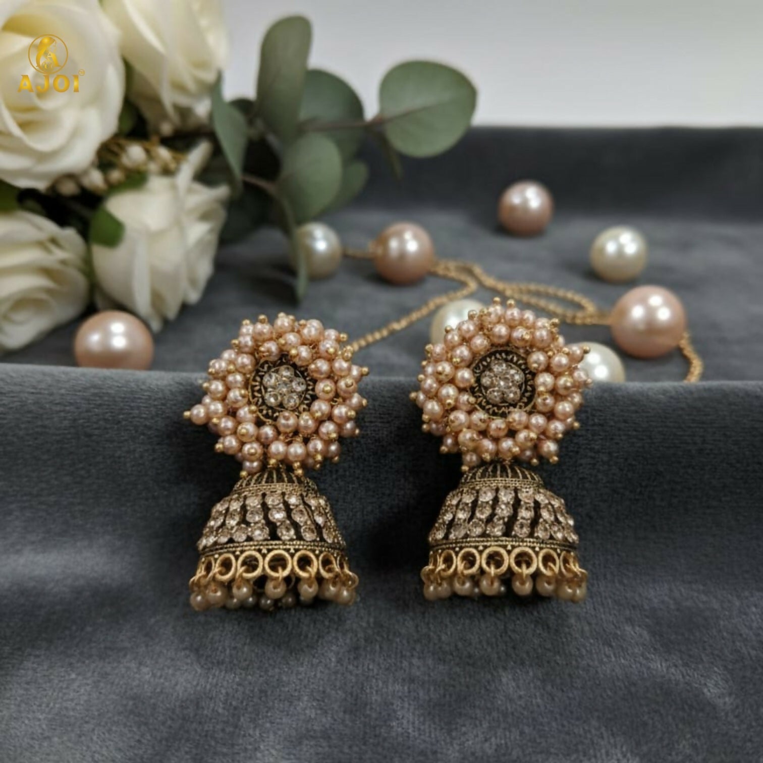 Antique Gold Jhumka Earrings – Elegant Pearl Cluster Design
