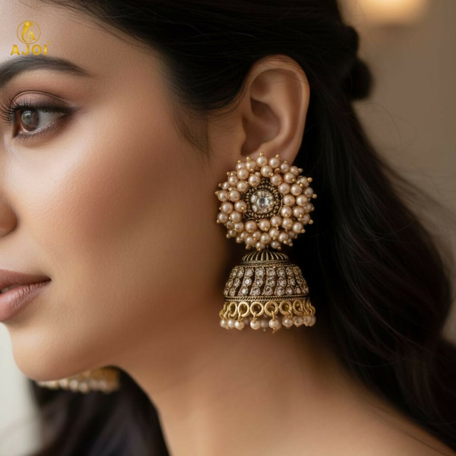 Antique Gold Jhumka Earrings – Elegant Pearl Cluster Design
