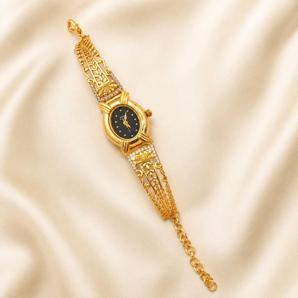 Luxury Gold Tone Floral Crystal Bracelet Watch for Women Black Dial Designer Wrist Watch