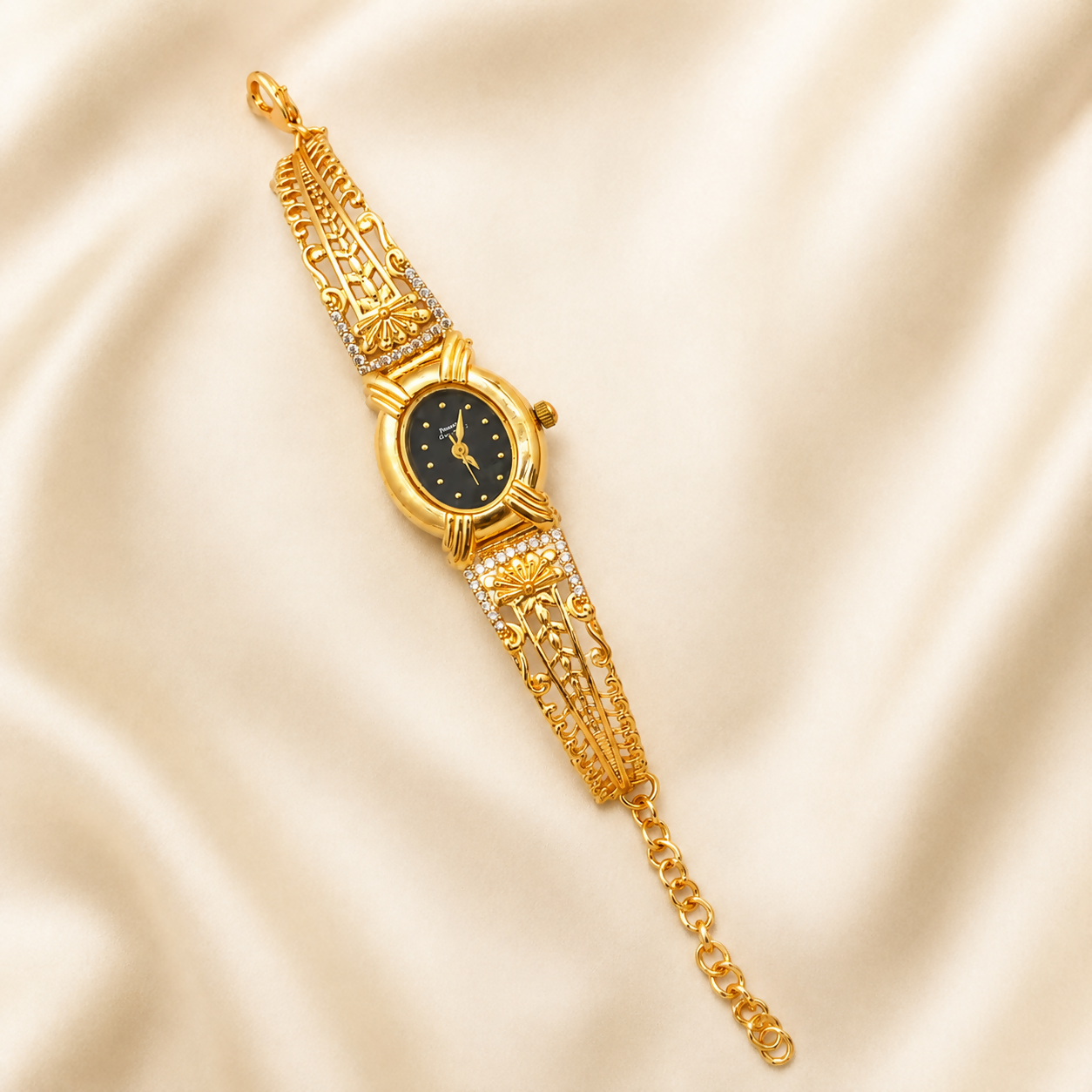 Luxury Gold Tone Floral Crystal Bracelet Watch for Women Black Dial Designer Wrist Watch