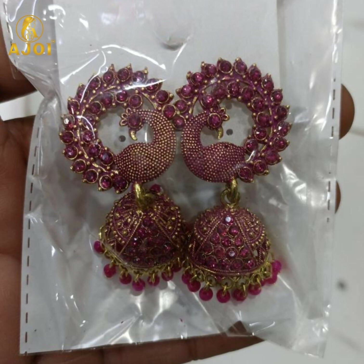 Peacock Motif Jhumka Earrings – Ruby-Tone Antique Gold Finish