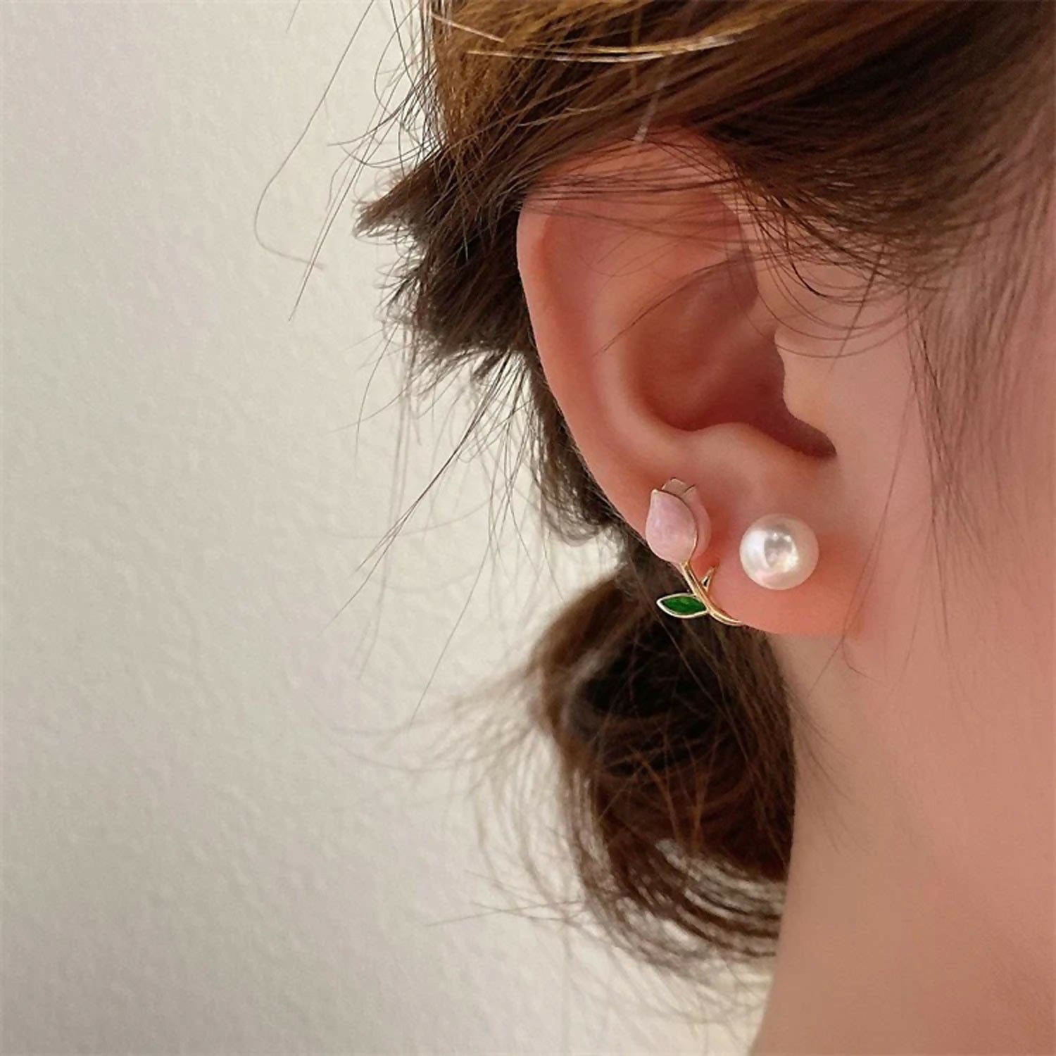 Korean Style Earrings – Dainty Enamel Tulip & Round Pearl