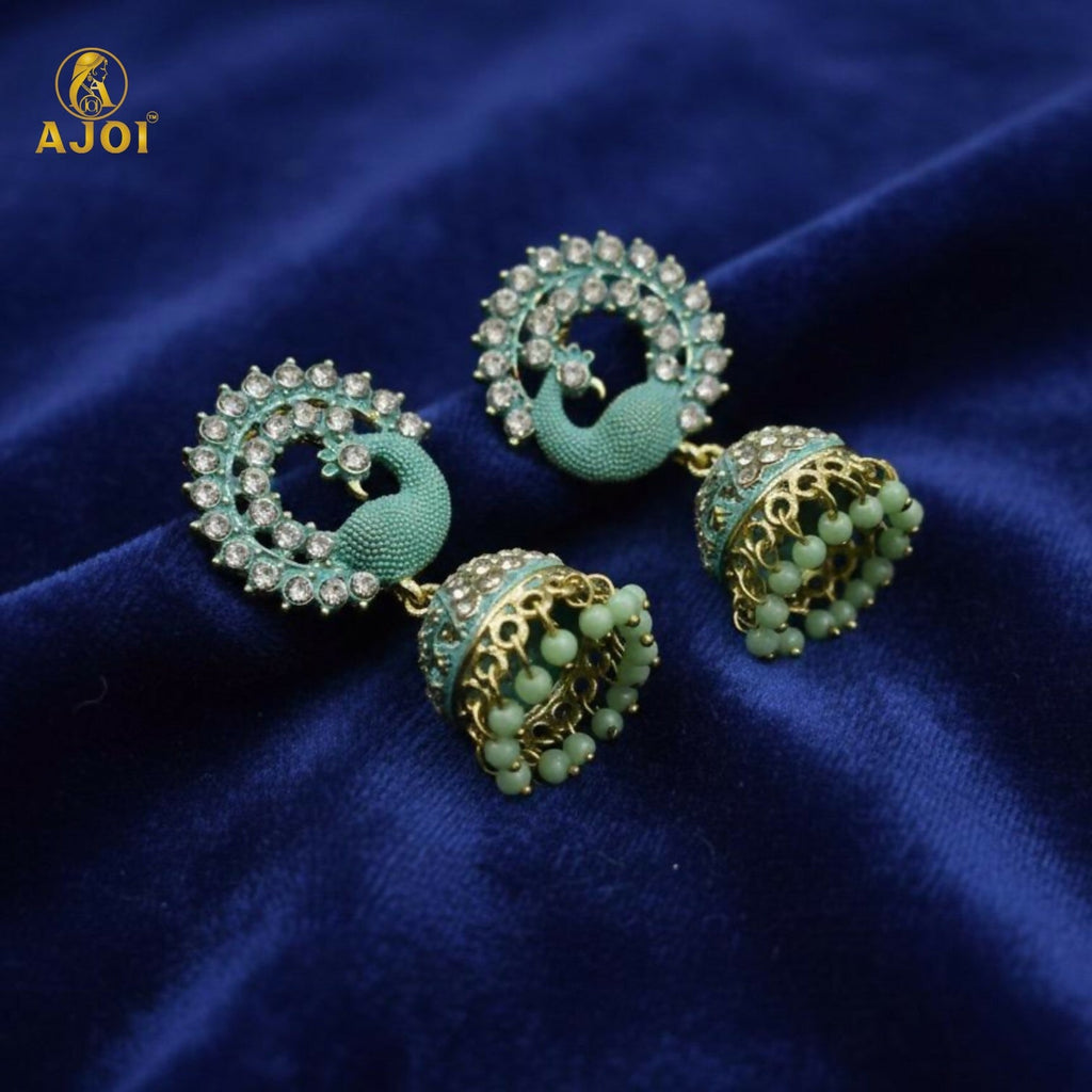 Peacock Stone Jhumka Earrings – Elegant Mint Green Festive Jewelry
