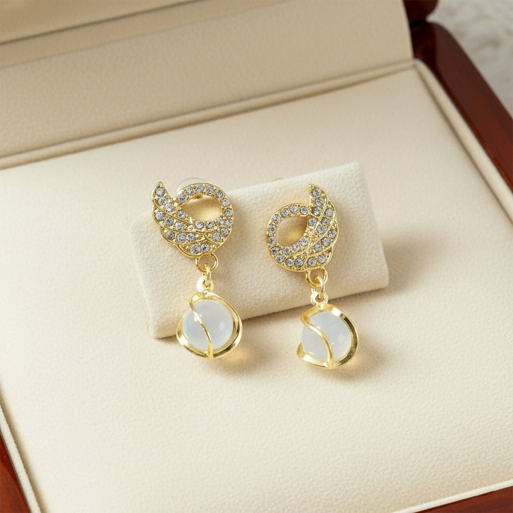 Swan Earrings – Crystal Encrusted with Pearly Cat-Eye Drop