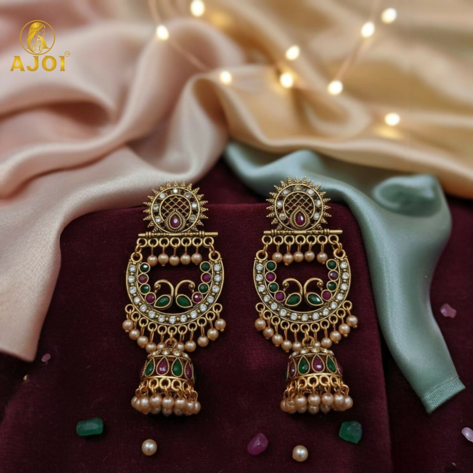 Peacock Motif Antique Gold Finish Chandbali Earrings – Royal Elegance
