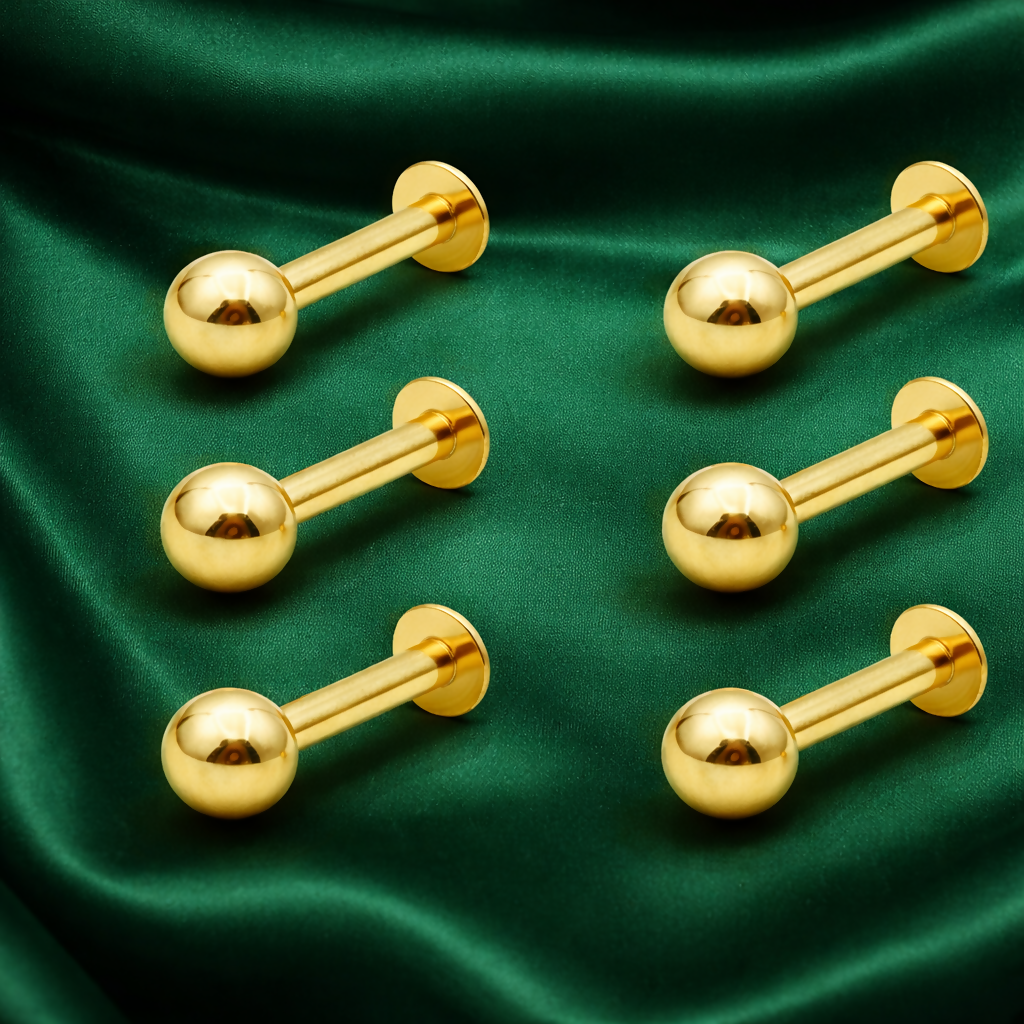Gold Ball Stud Earrings – Comfortable Flat-Back Labret Set