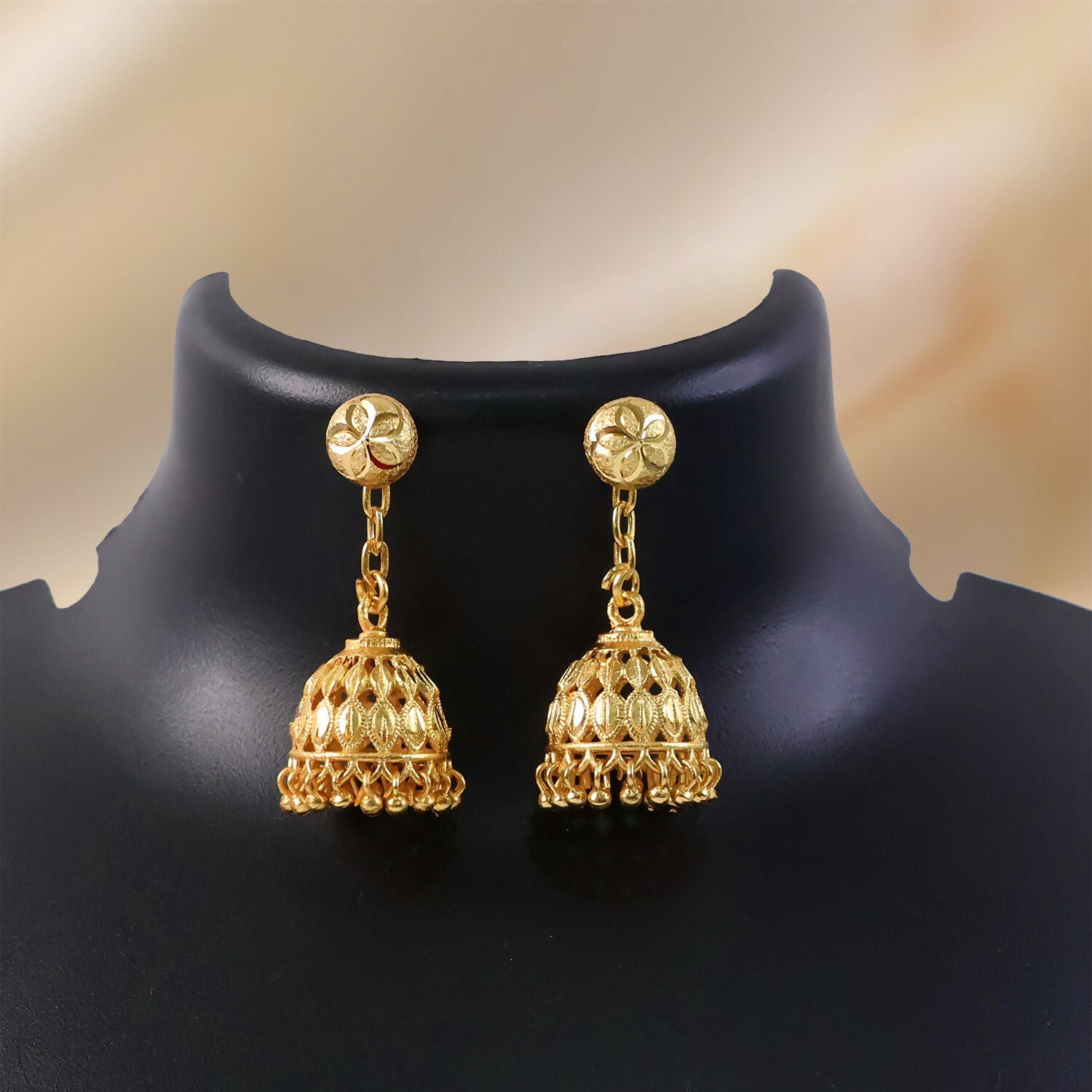 Gold Finish Jhumka – Intricate Cutwork with Hanging Beads