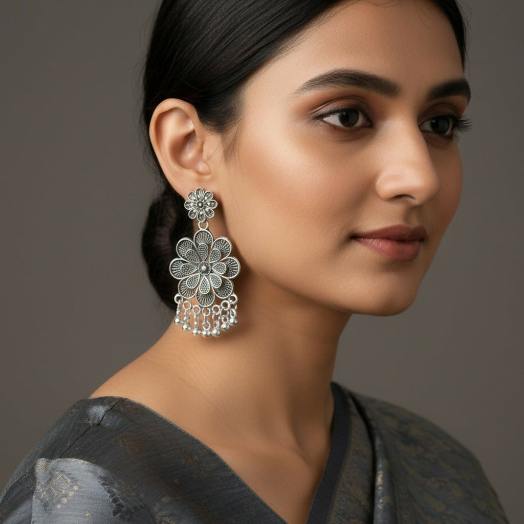 Oxidised Silver Jhumka Earrings – Layered Floral Design
