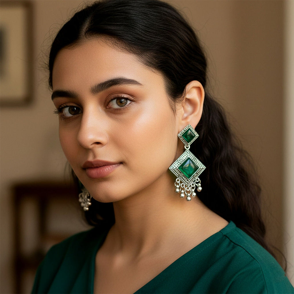Oxidised Indian Earrings – Traditional Dangler with Green Monalisa Stones