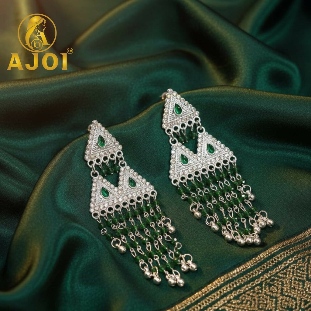 Silver-Tone Triangle Statement Earrings with Emerald Bead Tassels