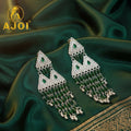 Silver-Tone Triangle Statement Earrings with Emerald Bead Tassels
