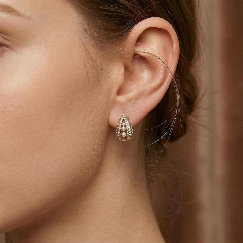 Pearl Stud Earrings – Korean Crystal Arch & Triple Pearl Design