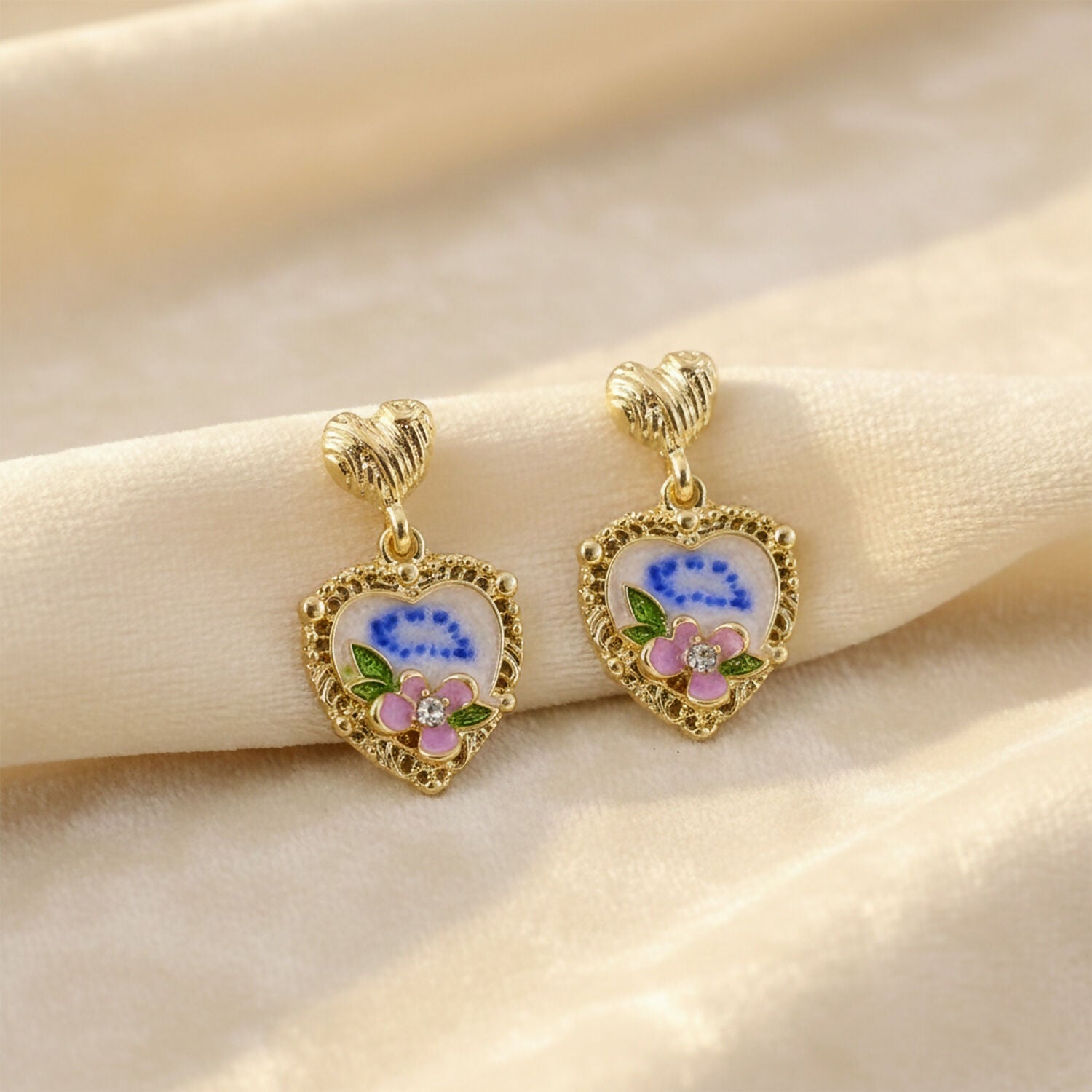 Korean Heart Floral Drop Earrings – Gold Plated Pearl & Crystal