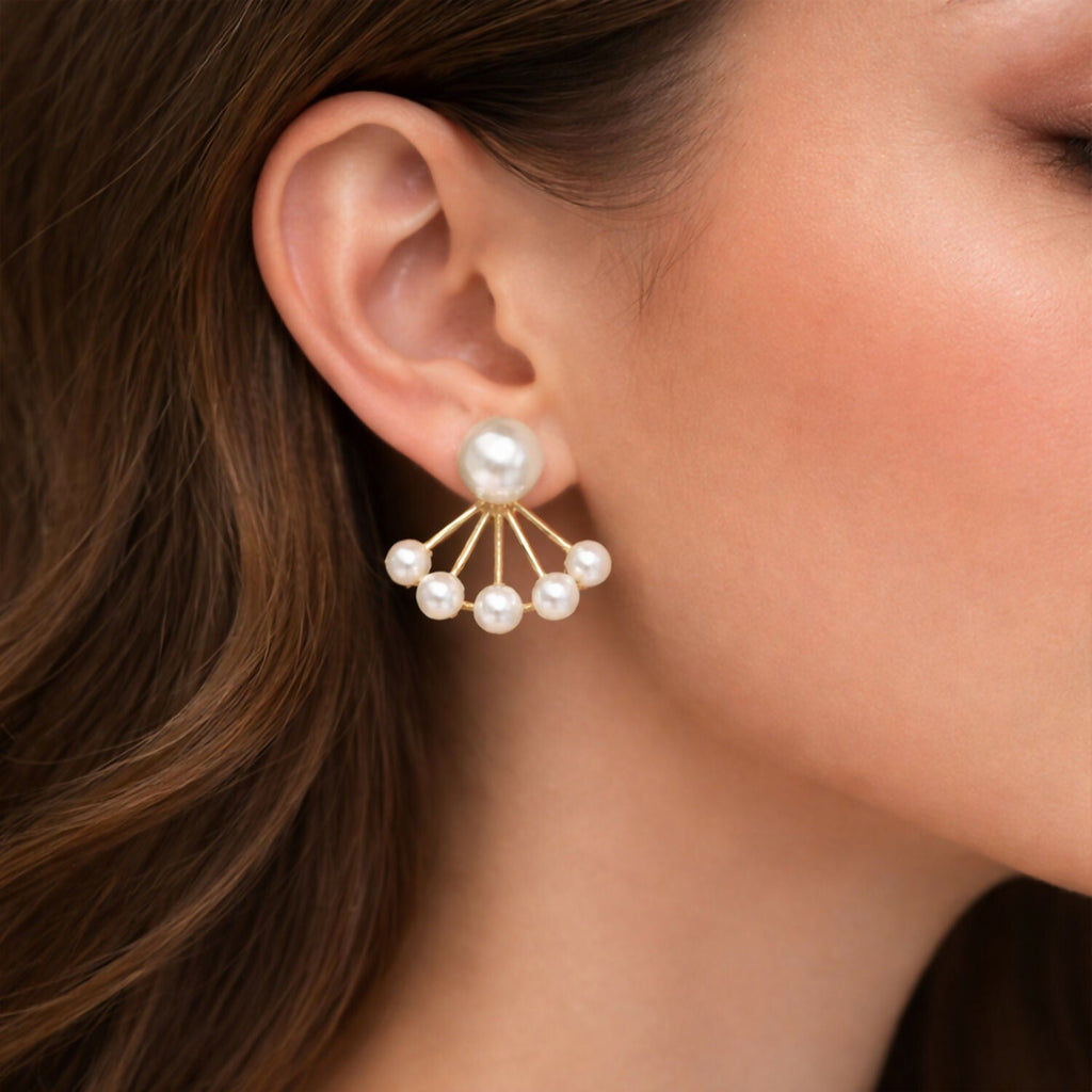 Pearl Stud Earrings – Elegant Korean Fan Design for Women