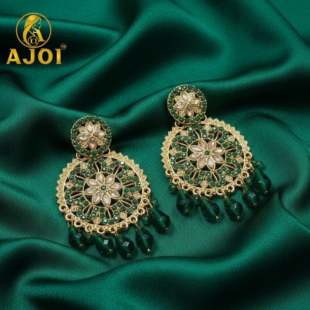 Green Floral Earrings – Elegant floral design with crystal embellishments