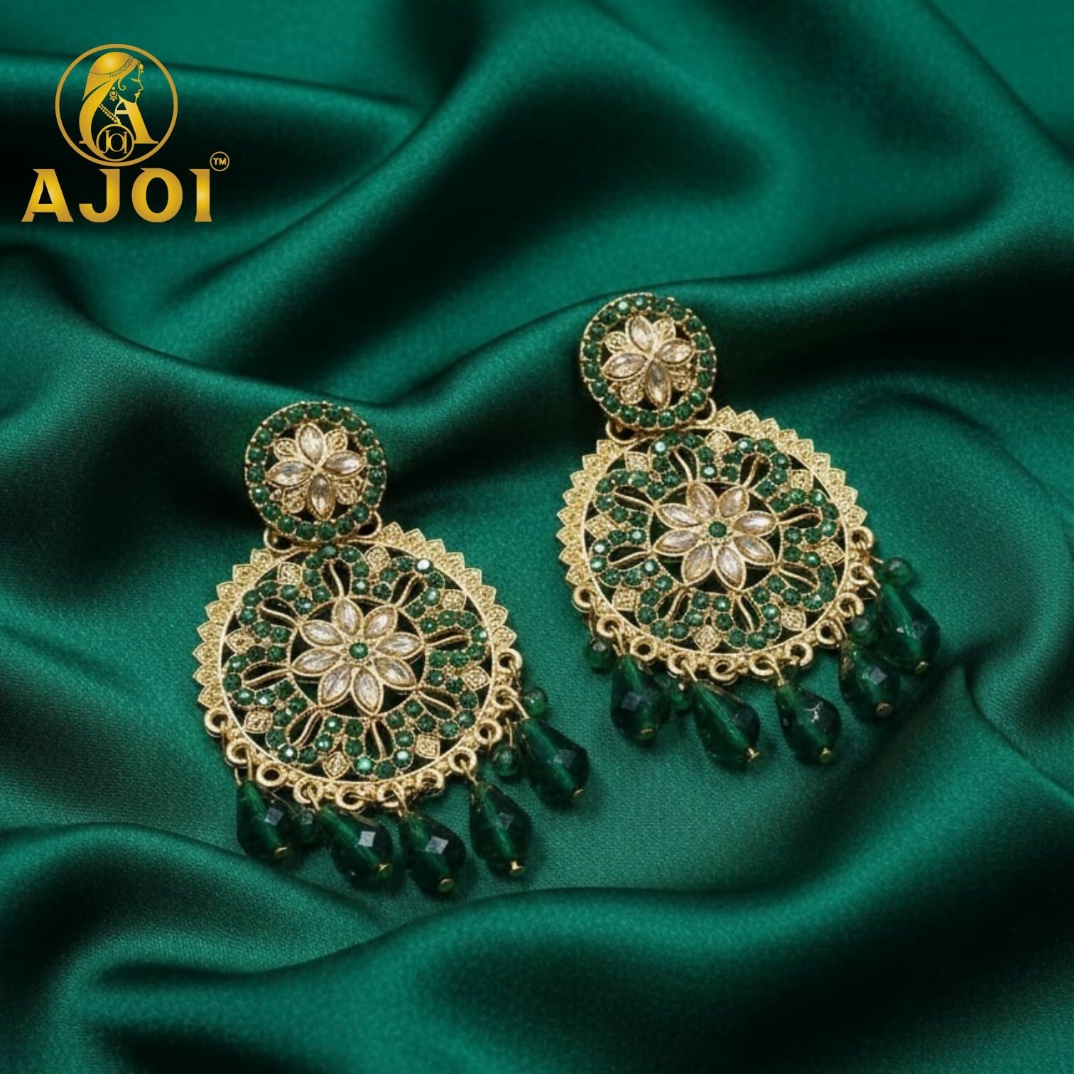 Green Floral Earrings – Elegant floral design with crystal embellishments
