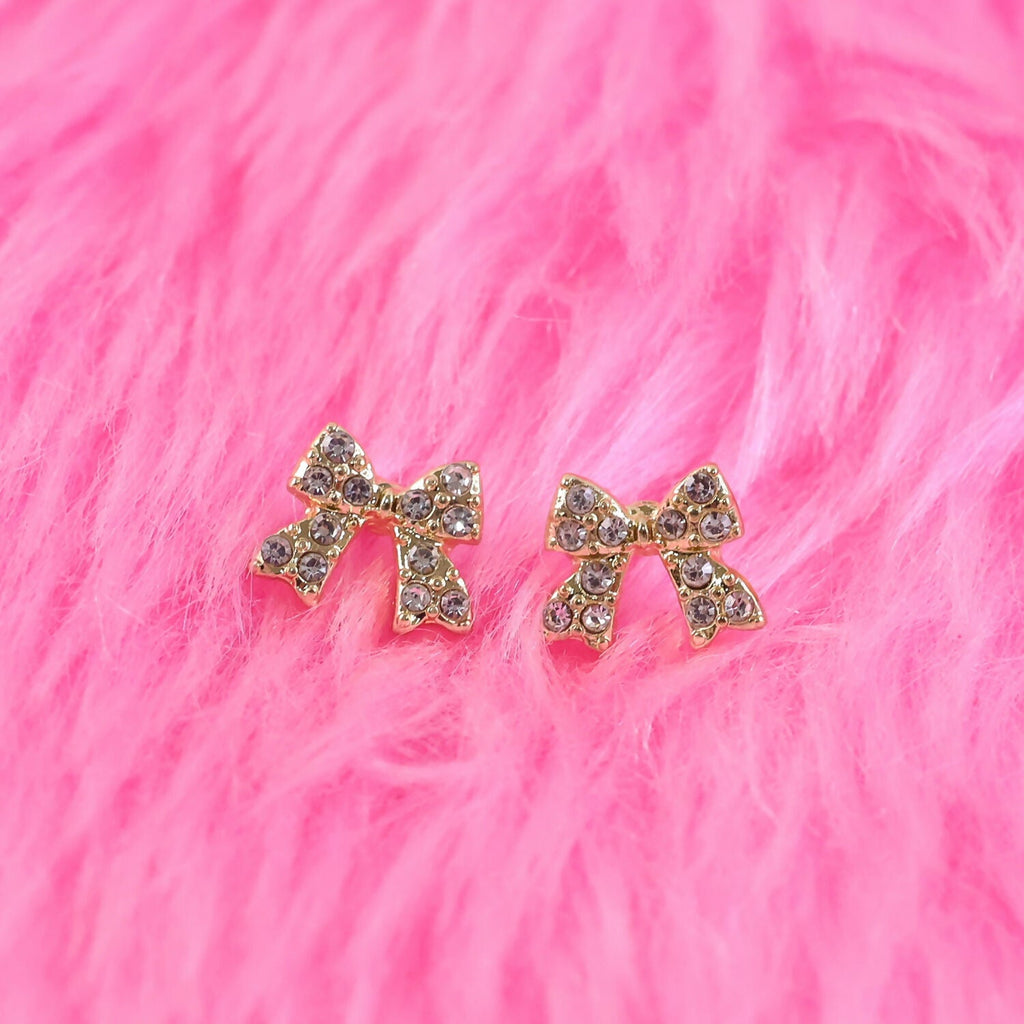 Crystal Bow Stud Earrings – Elegant Gold Plated Rhinestone Design