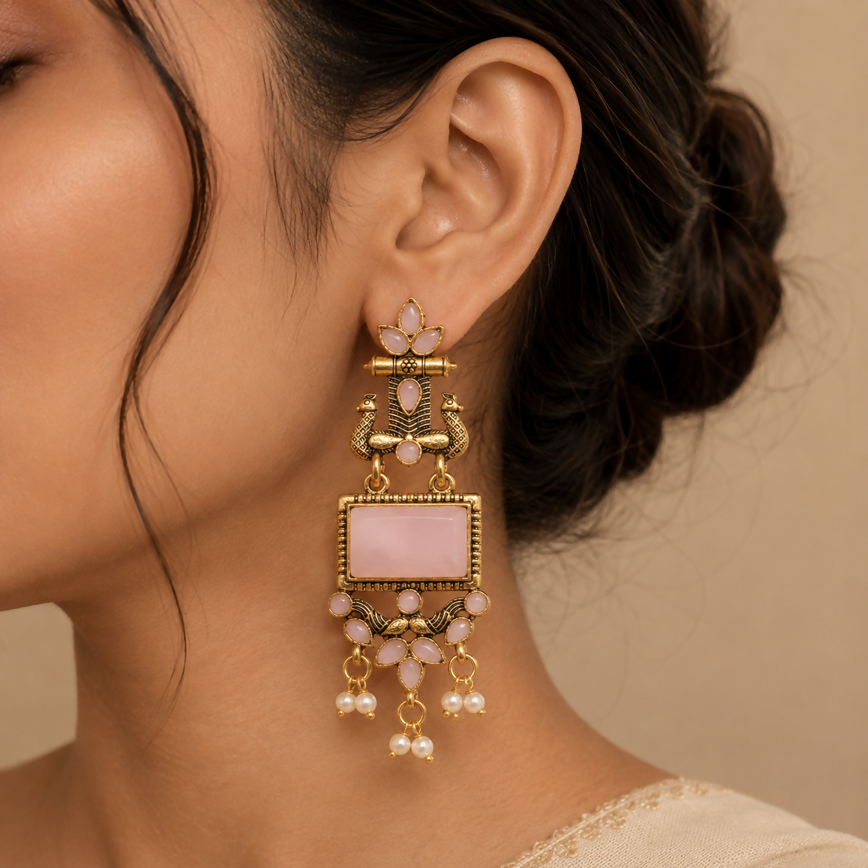 Oxidised Chandbali Earrings – Pink Stone Peacock Design for Women