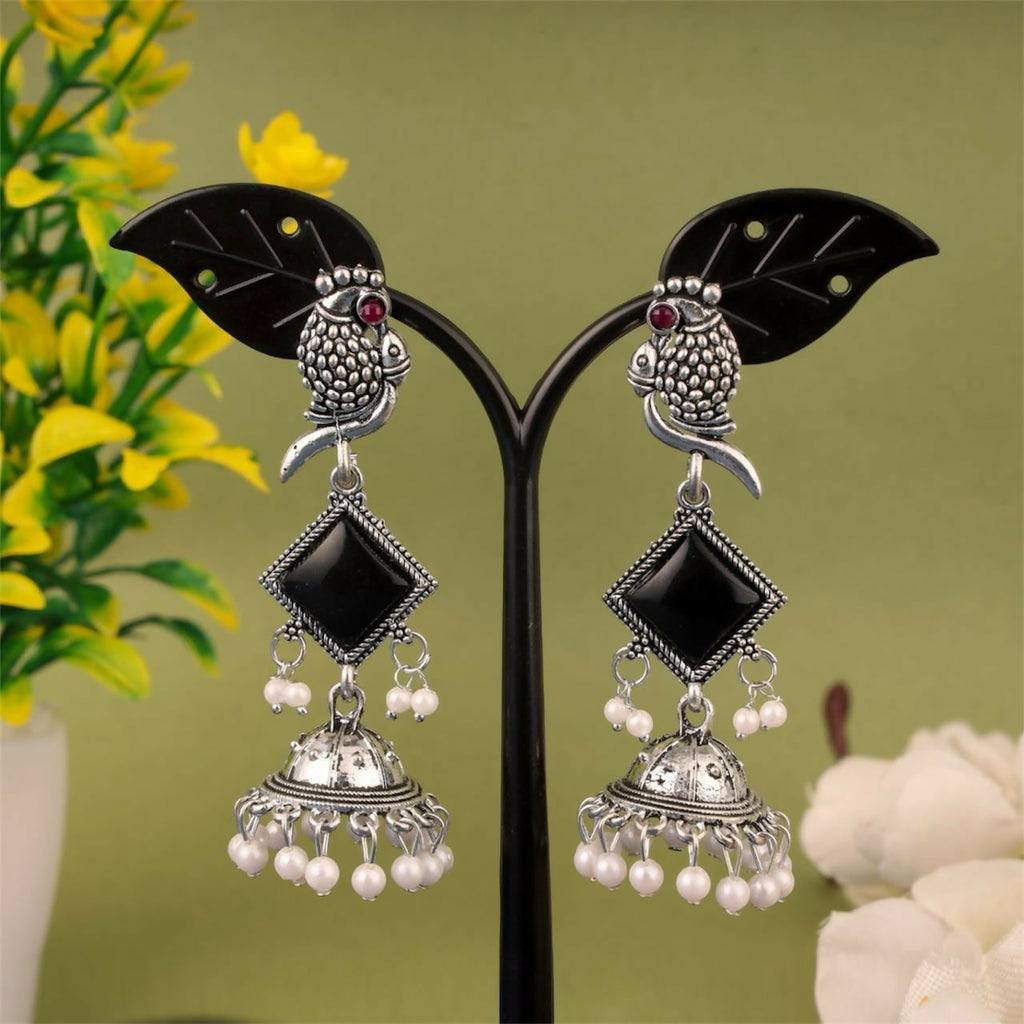 Oxidised Silver Parrot Design Jhumka Earrings with Black Stones